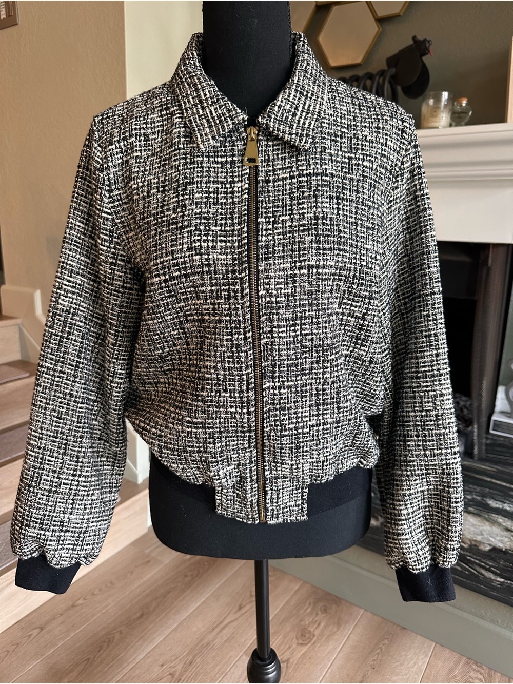 Vintage Parisian Black & White Tweed Collared Bomber Zip Up Jacket | Size S
